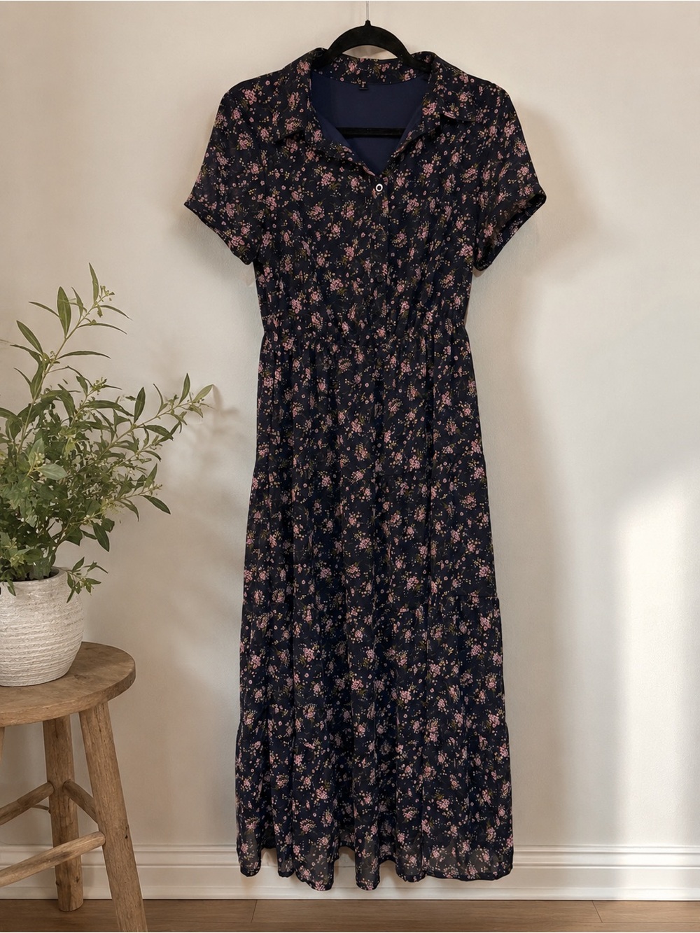 Collared Short Sleeve Button Down Floral Maxi Dress